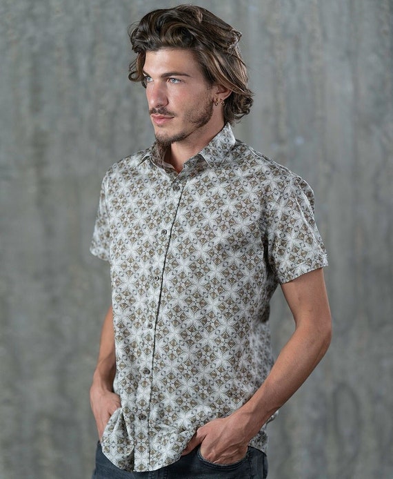 Geometric Mens Fashion Shirt in Grey Button Down Short Sleeved - Etsy