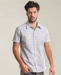 Short Sleeve White Mens Shirt, Button Up Shirt, Button Down Shirt, 100% Cotton, Geometric Shirt, Cube Pattern Shirt product logo