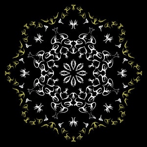 Puede incluir: Un dise&ntilde;o de mandala blanco con un patr&oacute;n repetitivo de posturas de yoga. El mandala est&aacute; rodeado por un anillo de posturas de yoga m&aacute;s peque&ntilde;as en color verde claro.