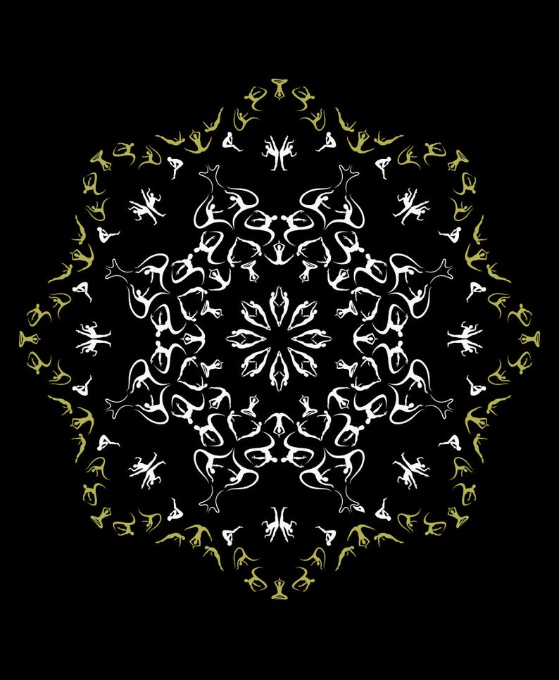 Puede incluir: Un dise&ntilde;o de mandala blanco con un patr&oacute;n repetitivo de posturas de yoga. El mandala est&aacute; rodeado por un anillo de posturas de yoga m&aacute;s peque&ntilde;as en color verde claro.