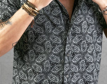 Black Cotton Button Up Shirt For Men Psychedelic Pattern Short Sleeved Button Down Shirt Men's Fashion Boyfriend Gift Idea