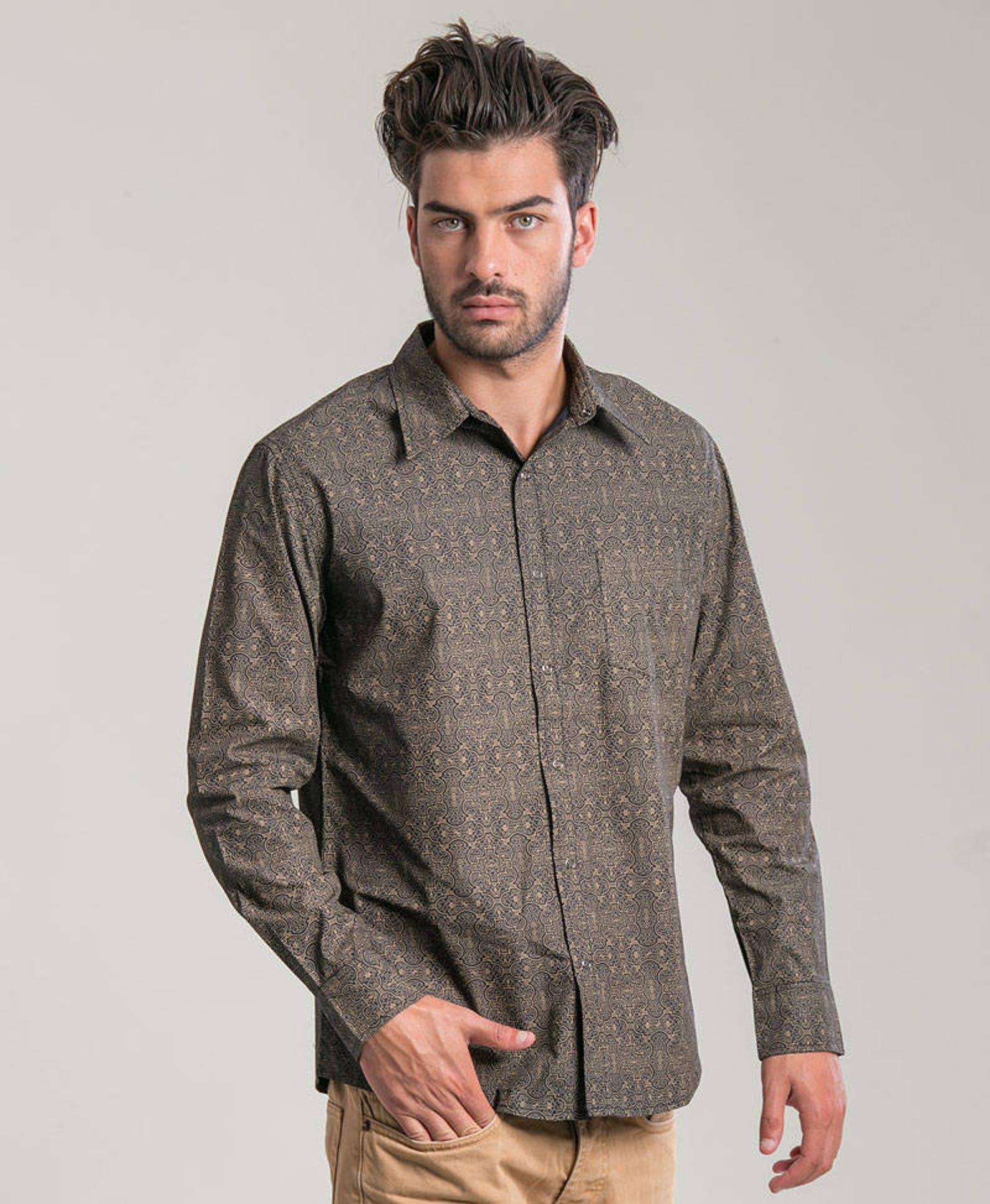 Long Sleeve Shirt Men Black Button Down Mens Long Button Up Etsy