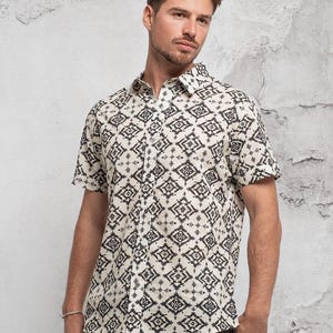 Tribal Button Up Shirt, Men Hawaiian Shirt, Geometric Button Down, Gift for Boyfriend