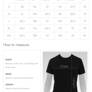 以下が含まれることがあります： Tシャツのサイズチャートで、インチとセンチメートルで測定されています。チャートには、S、M、L、XL、XXLのサイズが表示され、それぞれ胸囲、ウエスト、着丈の測定値が示されています。