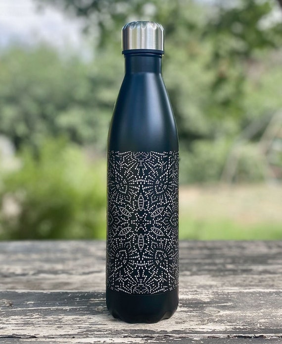 Black Thermos Bottle With Mandala, Water Bottle, Travel Bottle