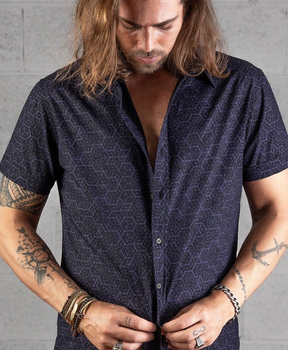 Geometric Mens Button up Shirt in Black Cube All Over Print Short Sleeved  Button Down Shirt Mens Fashion 