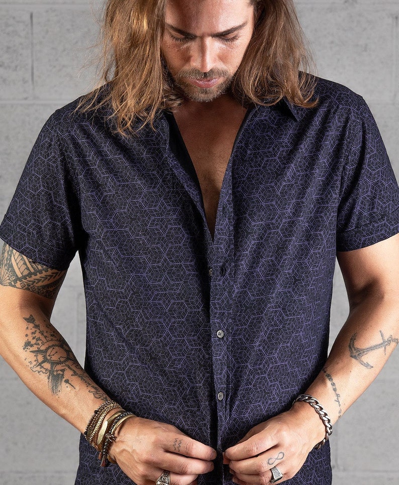 Geometric Mens Button Up Shirt In Black Cube All Over Print Short Sleeved Button Down Shirt Mens Fashion image 1