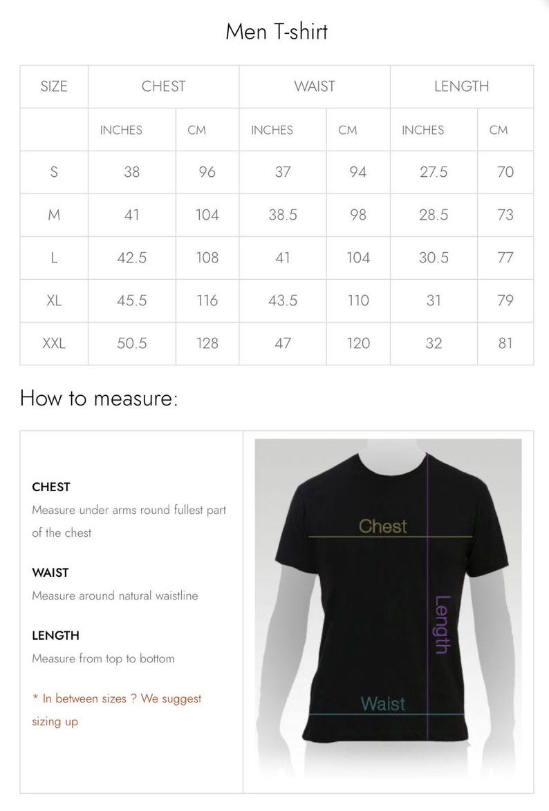 Puede incluir: Tabla de tallas para una camiseta con medidas en pulgadas y cent&iacute;metros. La tabla muestra las tallas S, M, L, XL y XXL con las medidas de pecho, cintura y longitud correspondientes.