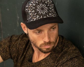 Psychedelic Hat, Baseball Cap , Festival Hat, Black Printed Cap, FlexFit Trucker Hat