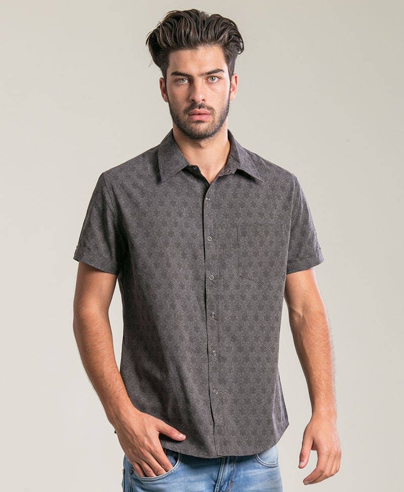 Geometric Mens Fashion Shirt In Grey Button Down Short Sleeved | Etsy