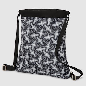 May include: A drawstring backpack featuring a black and white swirling pattern. It has black adjustable straps and a black top. The pattern is in shades of grey and white.