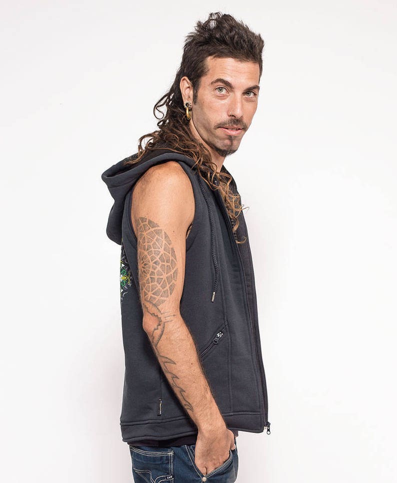 Rave Psy trance Festival Wear hooded Hood Vest With Mandala Print Mens Vest Glow In The Dark Clothing Grey Vest Jacket