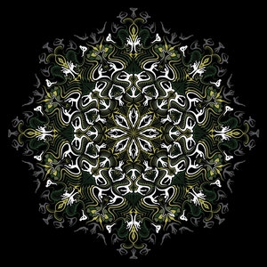 Puede incluir: Un dise&ntilde;o de mandala en blanco y negro con acentos verdes y amarillos. El mandala presenta un patr&oacute;n repetitivo de figuras estilizadas en varias poses.