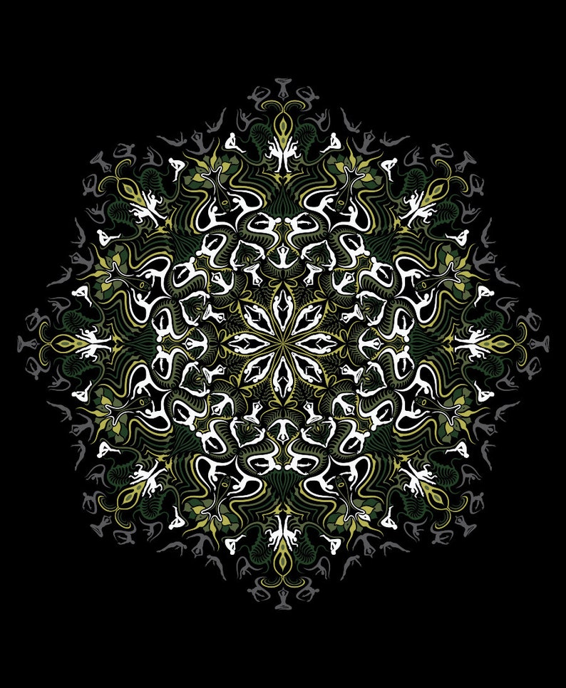 Puede incluir: Un dise&ntilde;o de mandala en blanco y negro con acentos verdes y amarillos. El mandala presenta un patr&oacute;n repetitivo de figuras estilizadas en varias poses.