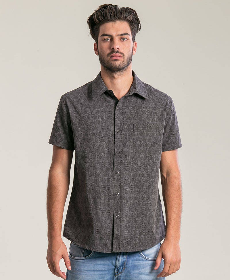 Geometric Mens Fashion Shirt In Grey Button Down Short Sleeved | Etsy