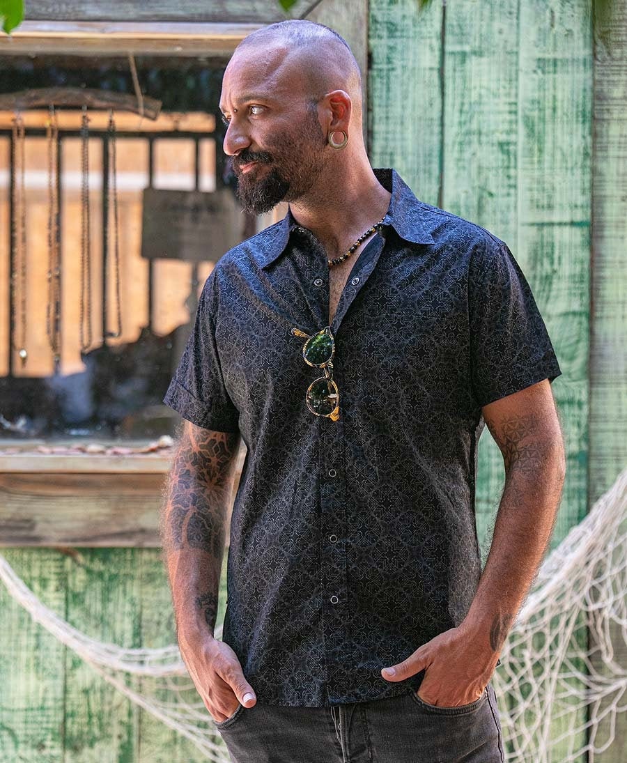 Mens short sleeve hotsell black button up