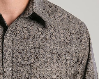 Long Sleeve Shirt Men, Black Button Down Mens, Long Button Up Shirt, For Him, Sacred Geometry, Psy Elegant, Unique Mens Wear