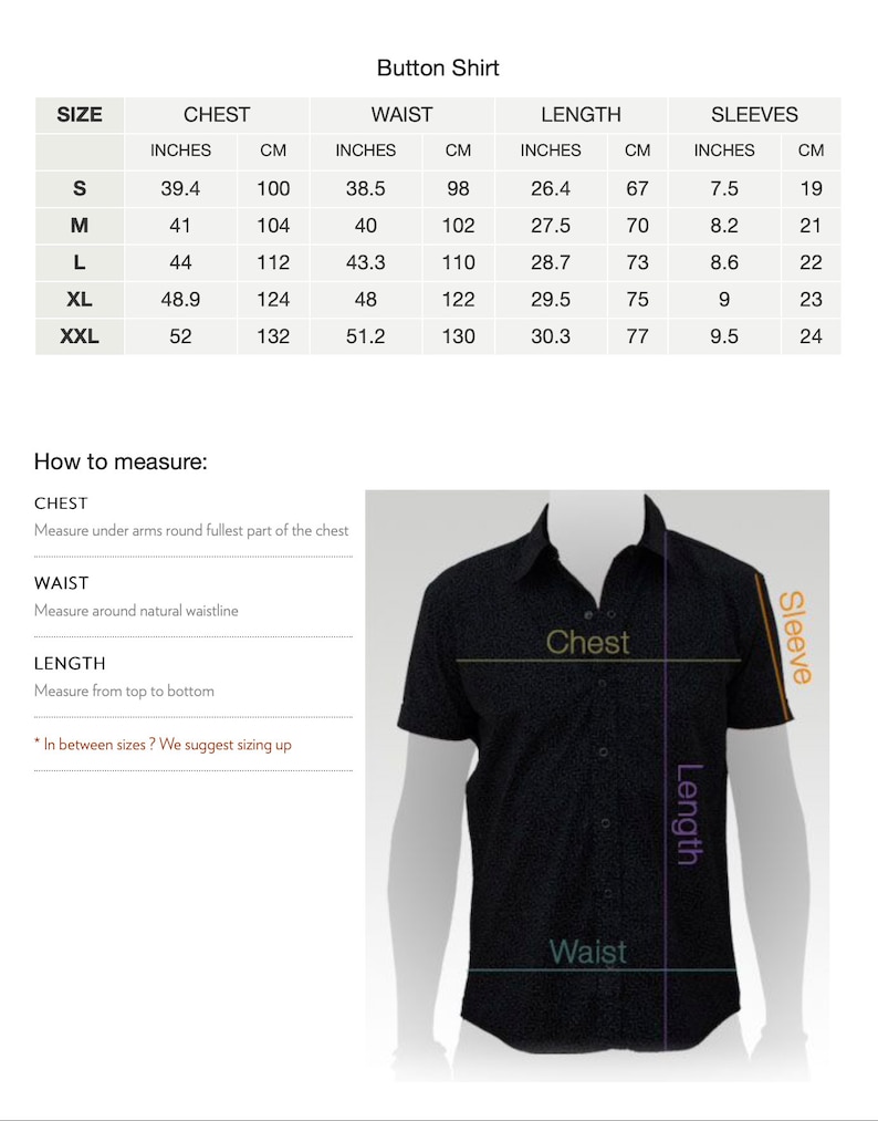May include: Size chart for a button-down shirt with measurements in inches and centimeters for chest, waist, length, and sleeves.