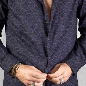 Psychedelic Men Button Up Long Sleeve Shirt- Purple Button Down-Mens Boho Shirt- Gift For Boyfriend