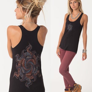 Womens Yoga Tank Top Sacred Geometry Mandala Screen Print Tank Top, Psychedelic, Festival Top, Black Tank Top