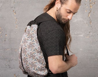 Saco de cordão de lona, psicodélico, saco de festival, saco, saco impresso em tela, mochila, homem ardente, mochila de festival