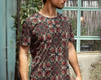 Camiseta masculina com estampa completa, ideal para festivais psicodélicos como Burning Man, Psy Trance e Goa.
