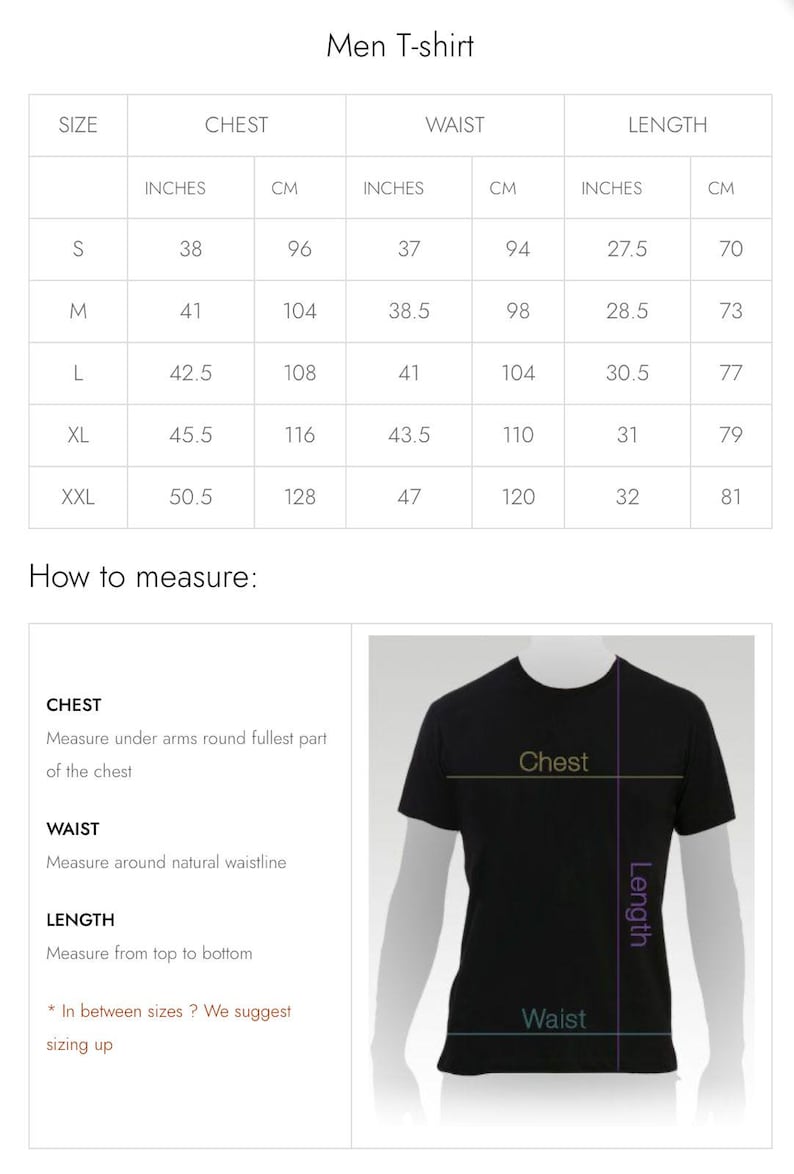 May include: Size chart for a t-shirt with measurements in inches and centimeters. The chart shows sizes S, M, L, XL, and XXL with corresponding chest, waist, and length measurements.