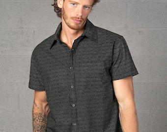 Men Black Button Down Shirt Rudraksha Seeds All Over Print Short Sleeve Button Up Shirt Mens Wear Gift For Him
