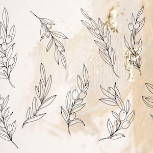 May include: A collection of black line art olive branch illustrations on a beige and gold textured background. The branches feature leaves and olives, perfect for botanical or minimalist designs.
