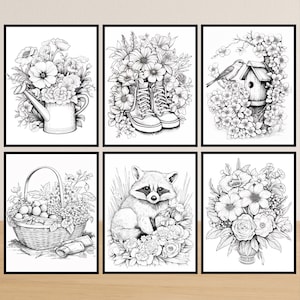 May include: Six framed black and white floral art prints. The prints feature a watering can overflowing with flowers, boots surrounded by flowers, a birdhouse with birds, a basket of fruit, a raccoon, and a vase of flowers.