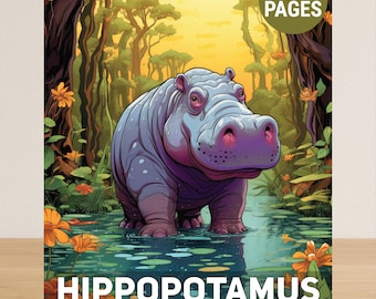 大人のためのカバの塗り絵、動物の大人向け塗り絵PDF、カバのかわいい