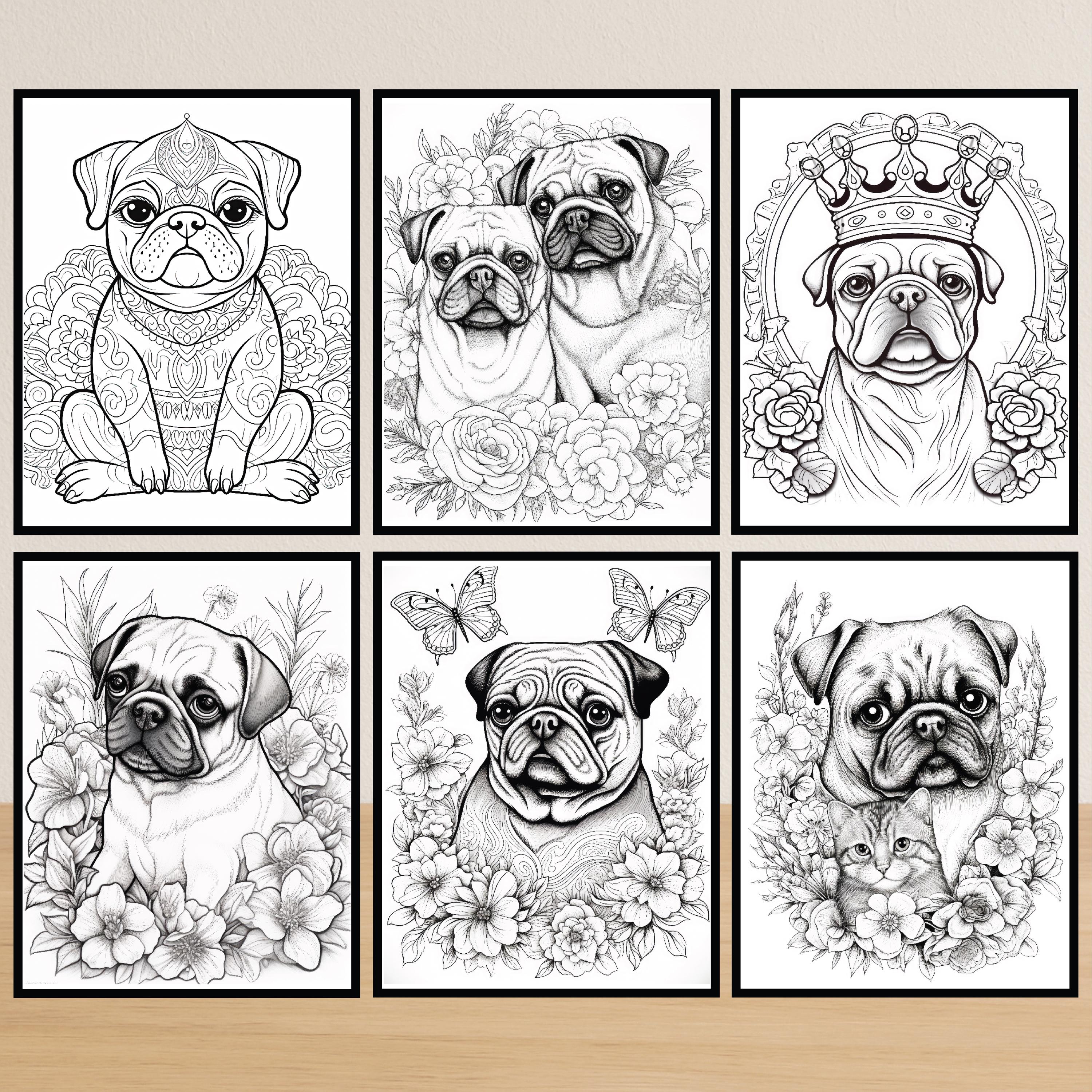 大人のためのパグの塗り絵、大人のための犬の塗り絵（PDF）、パグの