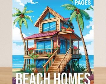 Beach Homes Coloring Book For Adults, Adult Coloring Book PDF, 50 Coloring Pages Of Vacation Houses