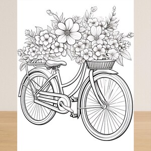 May include: Black and white line drawing of a bicycle with a basket filled with flowers. The bicycle has a classic design with a curved frame, fenders, and a seat. The flowers are detailed and add a decorative touch.