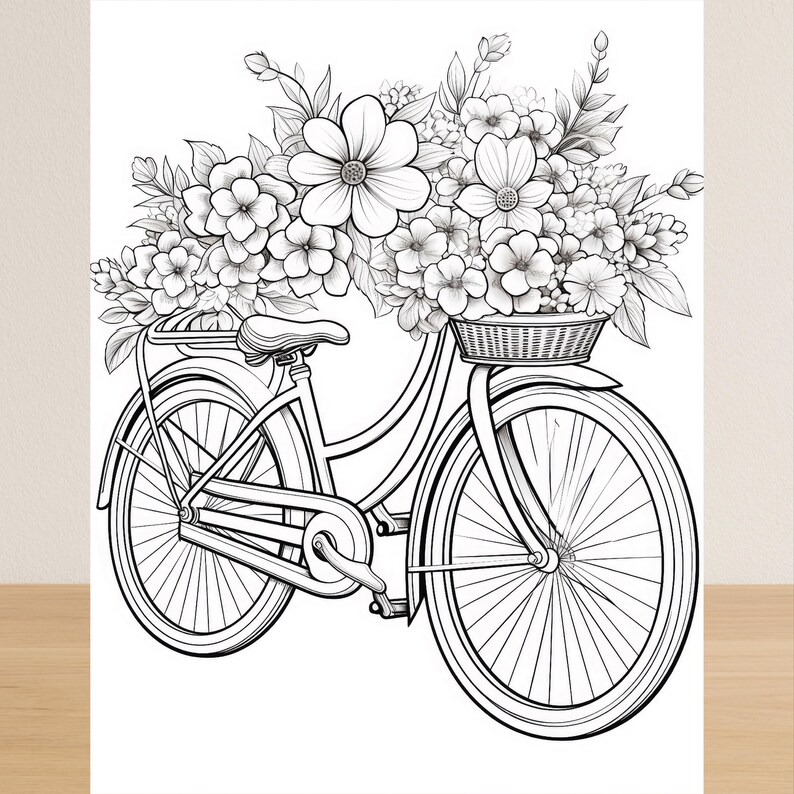 May include: Black and white line drawing of a bicycle with a basket filled with flowers. The bicycle has a classic design with a curved frame, fenders, and a seat. The flowers are detailed and add a decorative touch.