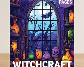 May include: A "Witchcraft Coloring Book for Adults" cover featuring a spooky scene with jars, a skull, and a bat flying in front of a window. The cover is purple, orange, and green, with the text "50 PAGES" in a purple circle.