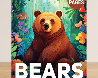 May include: A coloring book for adults featuring a brown bear illustration. The cover has the word "BEARS" in large white letters, with the text "COLORING BOOK FOR ADULTS" below. The book has 50 pages and is surrounded by colorful flowers and foliage.