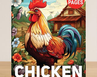 Chicken Coloring Book For Adults, Farm Animal Adult Coloring Book PDF, 50 Cute Coloring Pages Of Hens Roosters