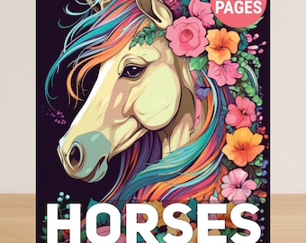 Horse Coloring Book For Adults, Animal Adult Coloring Book PDF, 50 Cute Coloring Pages Of Horses