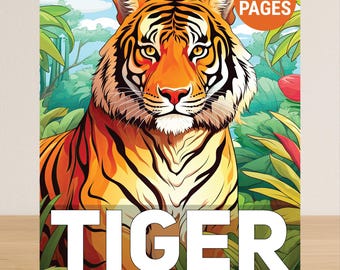 Puede incluir: Un libro para colorear para adultos con una ilustración detallada de un tigre. La portada muestra la palabra "TIGER" en letras blancas grandes, con el texto "COLORING BOOK FOR ADULTS" debajo. El libro tiene 50 páginas y está ambientado en una jungla.