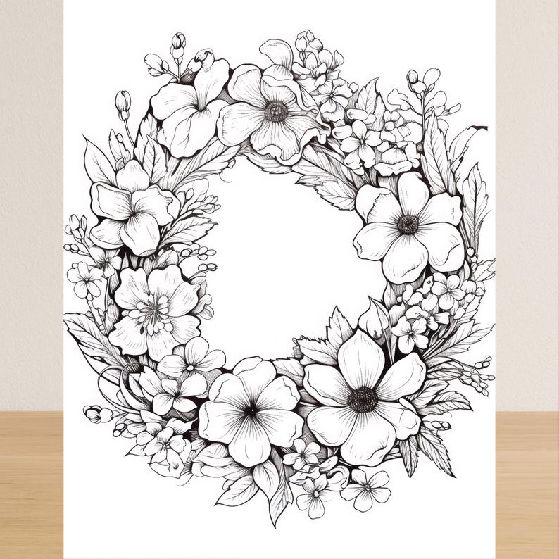 May include: A black and white floral wreath illustration. The wreath is composed of various flowers and leaves, creating a circular design. The flowers have detailed petals and dark centers, with a clean, minimalist style.