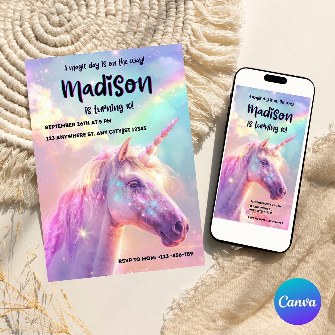 Editable Unicorn Birthday Invitation Template | Magical Girl Birthday ...