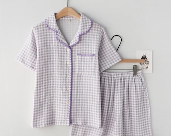 Bestickter Muschel-Pyjama aus karierter Baumwolle für Frauen - Kurzarm & Shorts