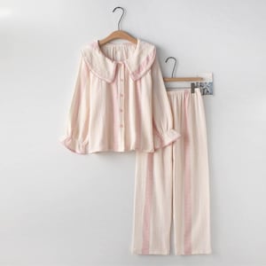 Dreamy Striped Cotton Pajama Set With Ruffled Collar for Women - Sweet & Cozy Loungewear