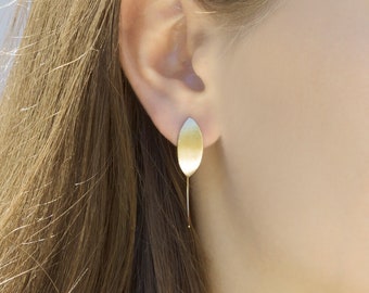 Minimalist Gold earrings, 14k Solid Gold Earrings, Unique Elegant Earrings, Marquise Brushed Earrings, Modern Gold Jewelry For Women