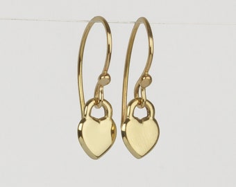 Gold Heart Earrings, 14k Gold Dangle Earrings, Solid Gold Earrings, Heart Dangle Earrings, Delicate Everyday Earrings, Gift Ideas For Her