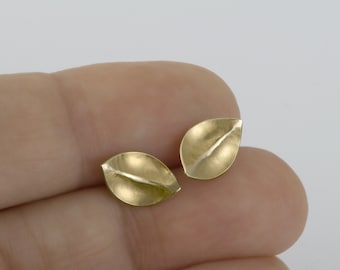 May include: A pair of gold leaf-shaped earrings. The earrings are small and delicate, and they have a slightly textured surface.