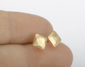 14k Square Stud Earrings, Small Gold Earrings, Solid Gold Studs, Brushed Gold Earrings, Dainty Handmade Jewelry