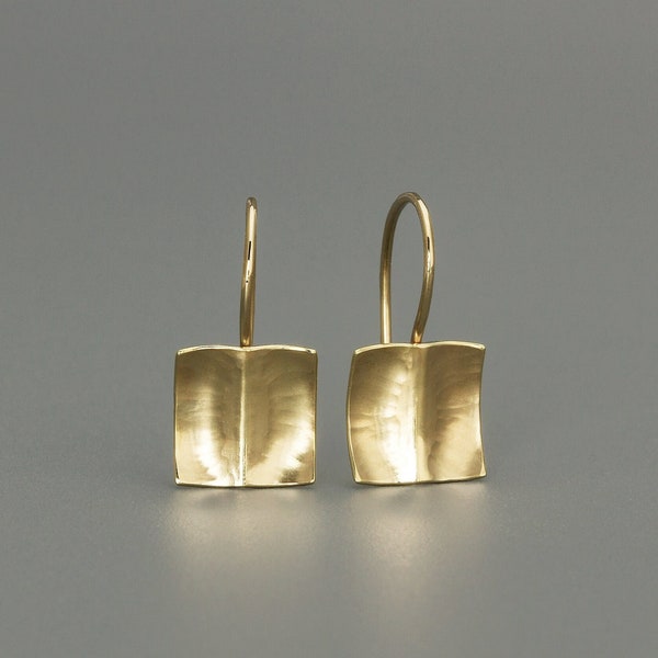 14k Gold Earrings, Gold Square Earrings, Solid Gold Drop Earrings, Gold Hammered Earrings, Unique Gold Jewelry Gift For Her