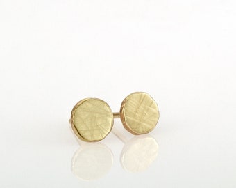 14k Stud Earrings, Solid Gold Earrings, Round Gold Studs, Handmade Jewelry, Flat Gold Studs, Minimal Asymmetric Gold Post Earrings